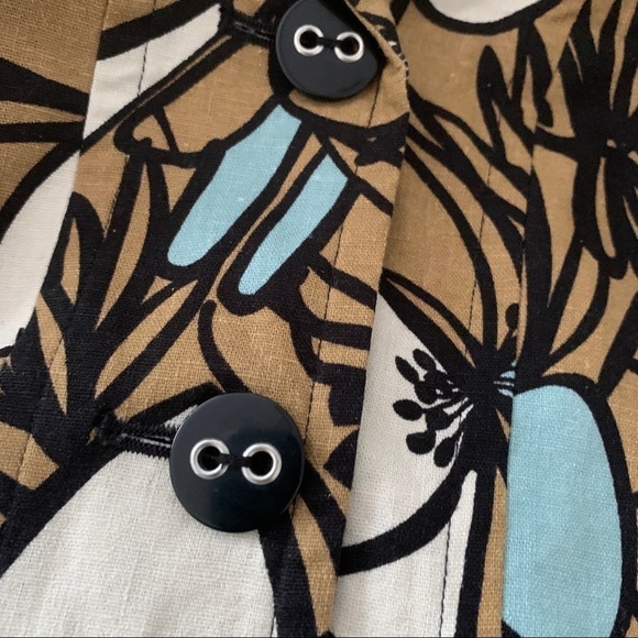 R.Q.T Linen Boxy Teal Cream Brown Graphic Cropped Lightweight Blazer Sz 12P - Picture 4 of 10